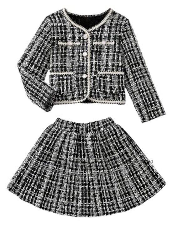 Other - Girls Tweed Plaid 2 Piece Outfit Long Sleeve Button Up Jacket A Line Skirt Set
